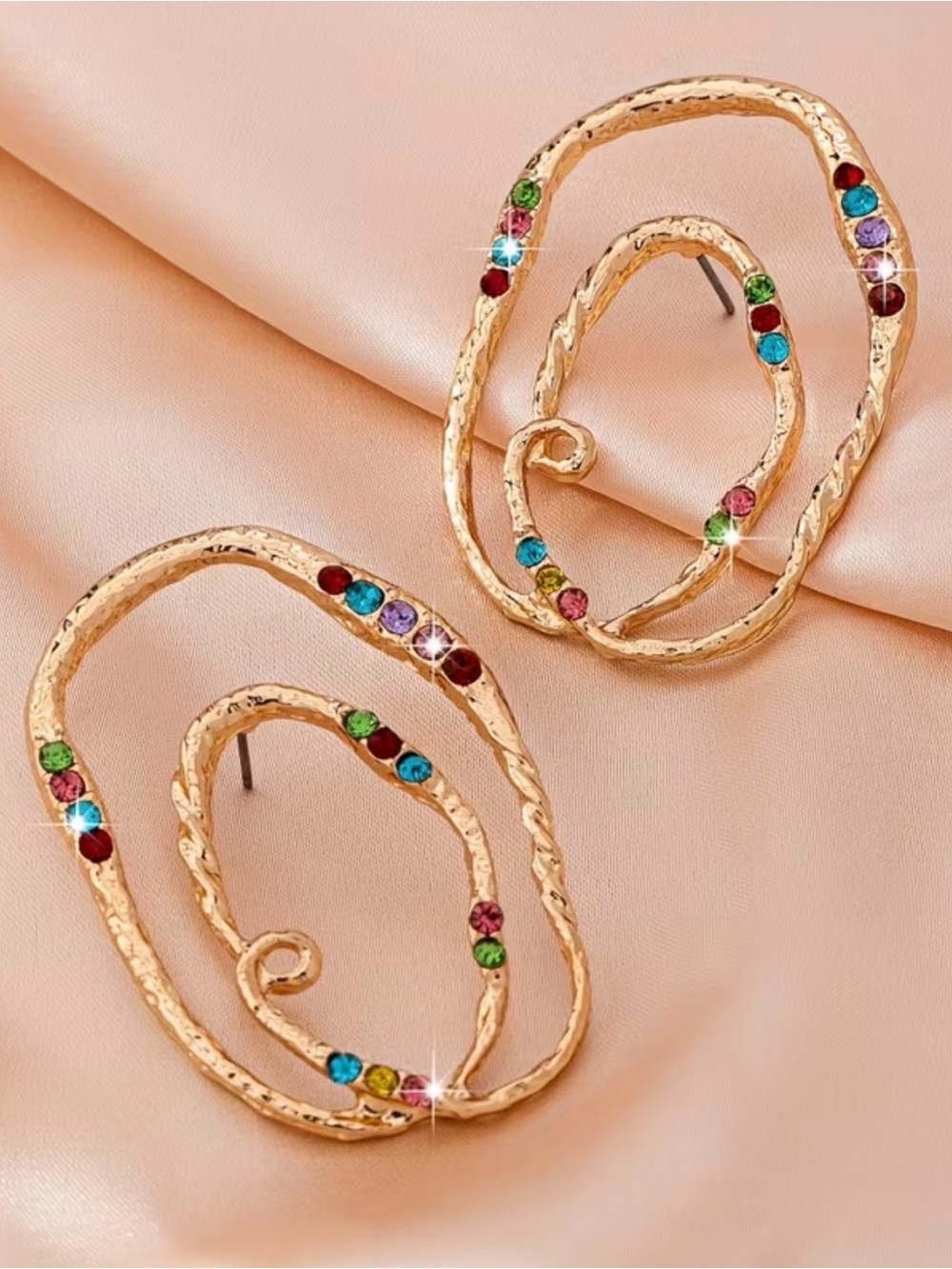 Gold Multicolor Crystal Swirl Hoop Earrings - Women Jewelry
